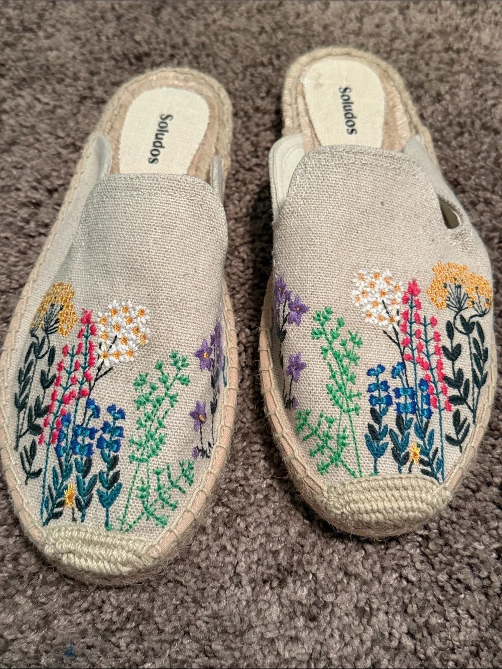 Soludos Beige Canvas Espadrille Mules with Multicolor Floral Embroidery